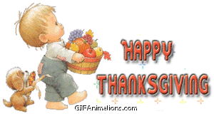 happy thanksgiving boy carrying food basket puppy animation