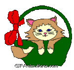 cat in basket with red bow wagging tail
