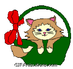cat in basket with red bow wagging tail