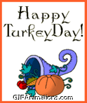 Happy Turkey day with head popping out of basket thanksgiving animation